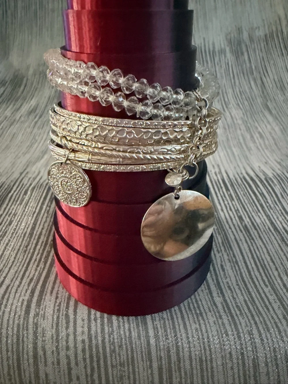 Silver Tone Charm Bangle Bracelet Set in Clear and Silver